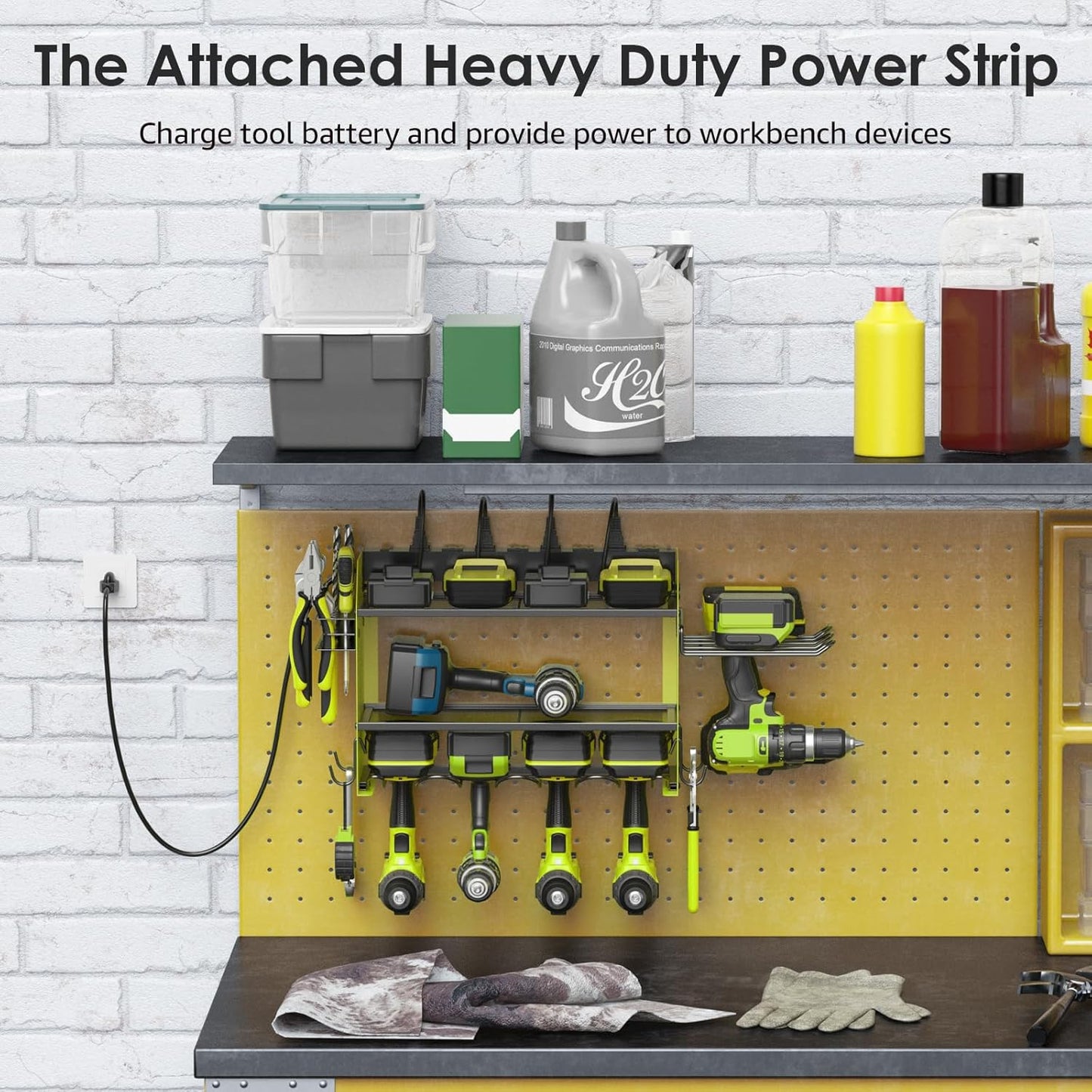 CCCEI Modular Power Tool Organizer Wall Mount Charging Station, Green 6 Drills Holder with 8 Plug Power Strip 10FT, Garage Drill Battery Heavy Duty Metal Shelf, Utility Rack with Hooks, Side Storage.
