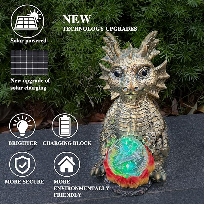 Solar Garden Statue Dragon Figurine with 7-Color Changing Solar Crackle Globe Lights- Loving Dragon for Patio,Balcony,Yard, Lawn-Unique Idea Gifts (Grey)