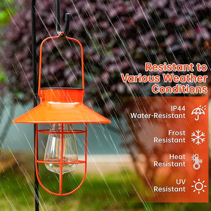Solar Lights Lantern Lamp with Shepherd Hook, Solar Metal Lanterns, Outdoor Lights Decor,Edison Bulb Lights for Garden ,Outside Decor for Pathways,Patio, Lawn, or Landscaping (Orang)
