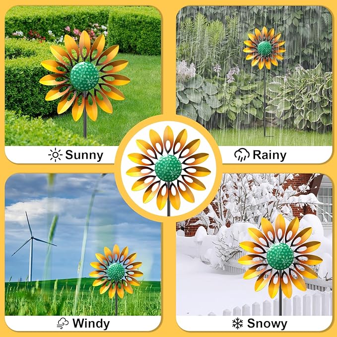 Sunflower Standing Wind Sculpture, Outdoor Wind Spinner with Stake, Metal Windmill for Garden, Lawn Yard Art Decorations (1pcs-Yellow)