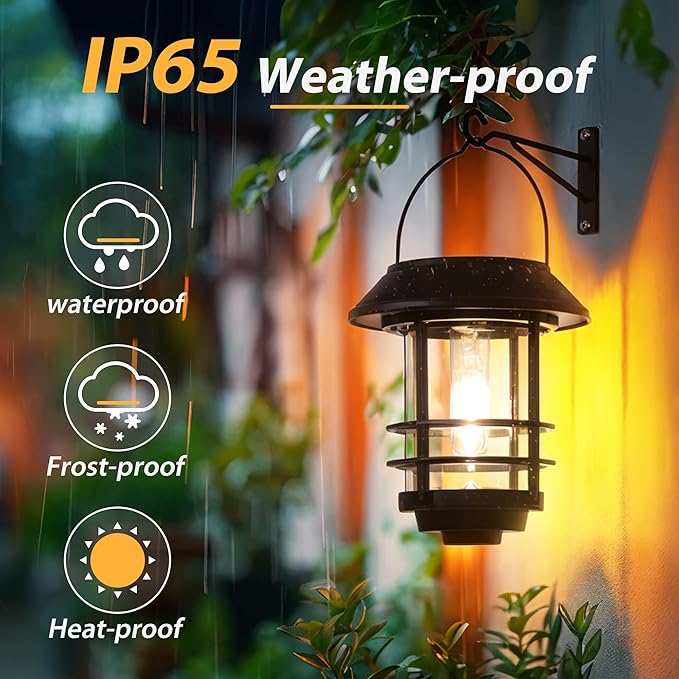 Otdair Solar Lantern Outdoor - 2 Glass Hanging Lights, Waterproof Wall Sconce, Decorative for Front Porch, Yard and Garden