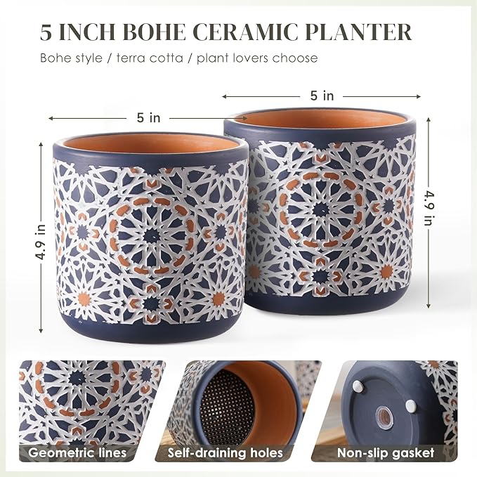 Ceramic Flower Pots for Indoor Plants Set of 2, 5 Inch Boho Plant Pot with Drainage Holes,Modern Planter for Decora Succulents/Snake Plant/Orchid/Peace Lily/House Plants,Terracotta