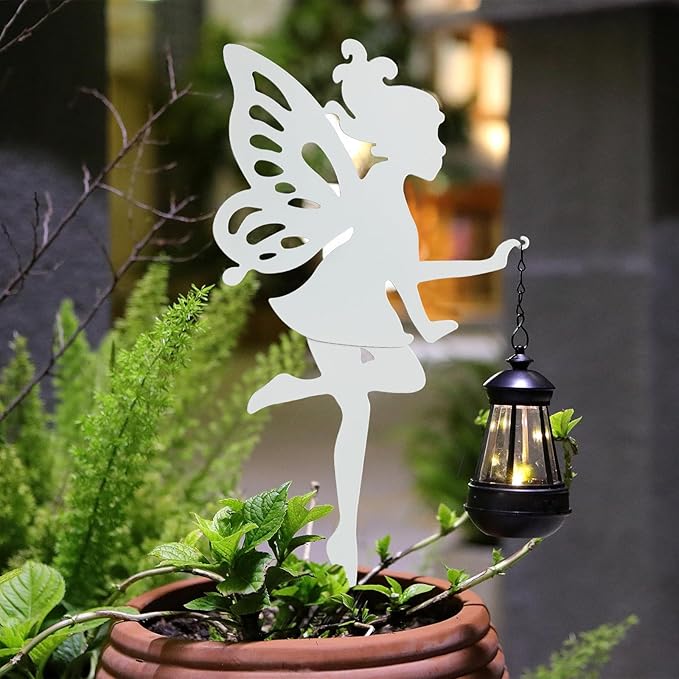 Solar-Garden-Lamp 2 Pack Metal Fairy Hanging Lanterns, Solar Outdoor Decorative Stake Ornaments for Lawn, Patio or Courtyard, White
