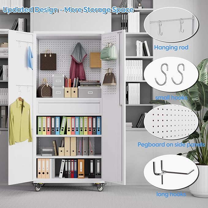 Metal Garage Cabinet with Wheels,71''H Rolling Lockable Steel Tool Cabinet with Pegboard & Drawer for Garage,Home,Office Assembly Required,White