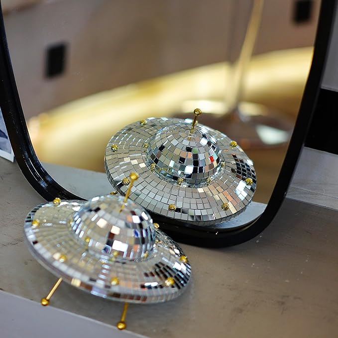UFO Disco Ball Silver Disco Ball Decor Disco Spaceship Retro Reflective Décor Mirror Decorations for Home,Party,Garden,Handmade Gift (8 * 6inch)