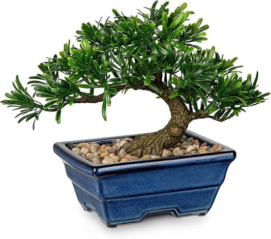 Artificial Bonsai Tree Faux Plants Indoor Small Fake Plants Decor with Blue Ceramic Pots for Home Table Office Desk Bathroom Shelf Bedroom Living Room Farmhouse Decorations