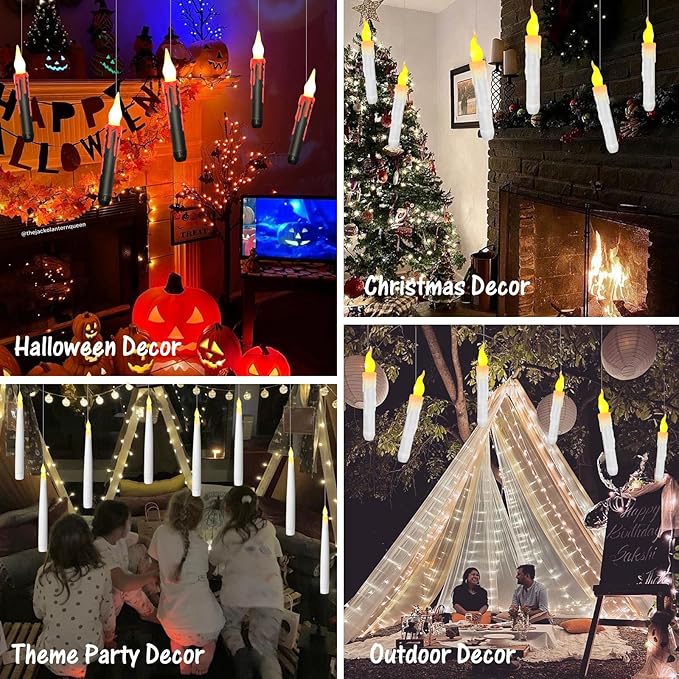 12pcs Floating Candles with Wand, Magic Hanging Candles, Flameless Candles with Magic Wand Remote, Battery Operated Hanging Window Candle, 6.1" LED Electric Candles for Christmas Halloween Decorations