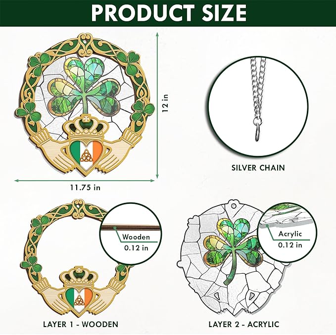 Irish Gifts, Shamrock Decorations - St Patricks Day Decor, Birthday, Christmas, Good Luck, Irish Gifts for Women Men, Claddagh, Celtic Home Decor - Window Suncatcher Hanging Decorations 12 in