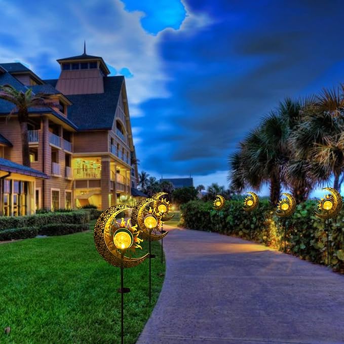 Solar Garden Statues Outdoor Decor, Moon Sun Figurine Light Stake, Housewarming Ornament for Patio, Lawn, Yard, Pathway - Unique Gift Ideas for Gardening Mom Grandma