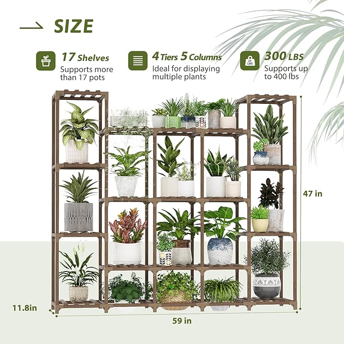 Large Plant Shelf 17 Pots Plant Stand Indoor Outdoor Tall Plant Rack Wood for Indoor Plants Multiple Plant Holder for Patio Balcony Garden Flower Stand Load-Bearing 600 LBS