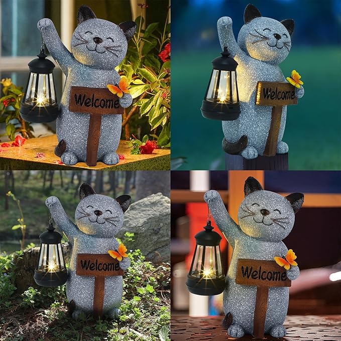Juegoal Garden Statue Solar Cat Figurine with Lantern, 10" Resin Kitten Outdoor Lawn Porch Yard Art, Lighted Christmas Birthday Gifts for Mom Grandma