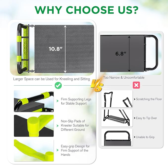 10.8” Wide Garden Kneeler and Seat, Heavy Duty Foldable Gardening Stool with Tool Belt Pouch, Portable Gardening Bench Chair for Seniors & Parents, Non-Slip & Easy Grip Design