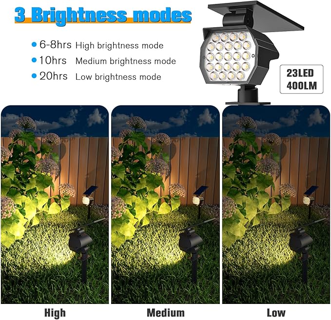 NIORSUN Solar Spot Lights Outdoor,23 LEDs Landscape Lighting with Auto On/Off and 3 Lighting Modes, IP67 Waterproof Spotlights,Outdoor Solar Lights for Yard Garden,6 Pack(Warm White)