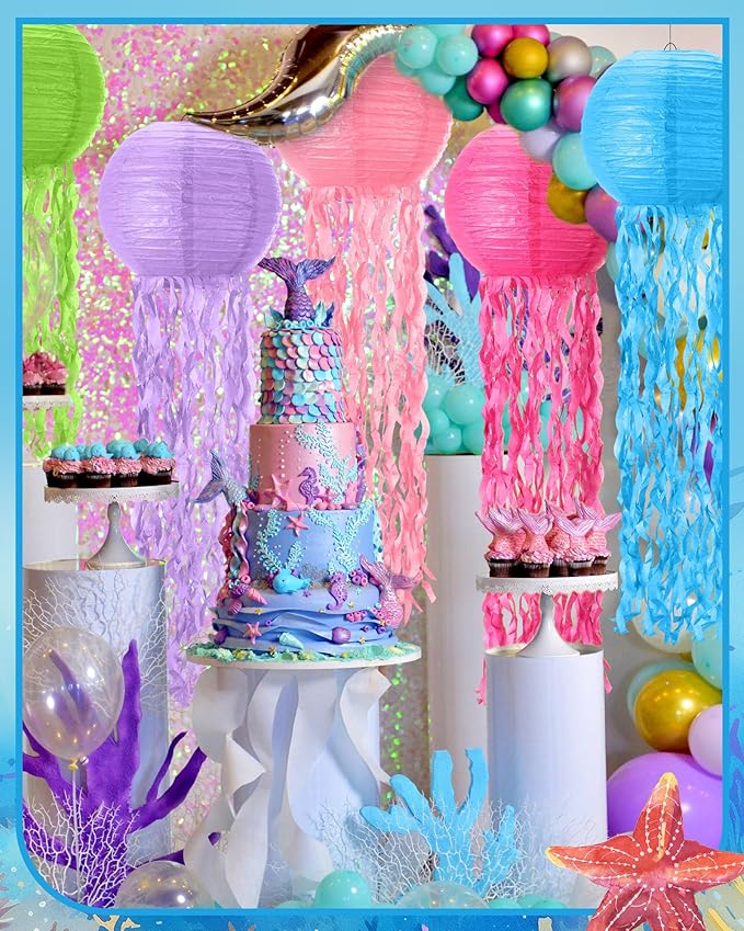18 Pcs Jellyfish Paper Lanterns Mermaid Birthday Decorations Hanging Lantern Lamps for Ocean Theme Decor Under The Sea Party Supplies