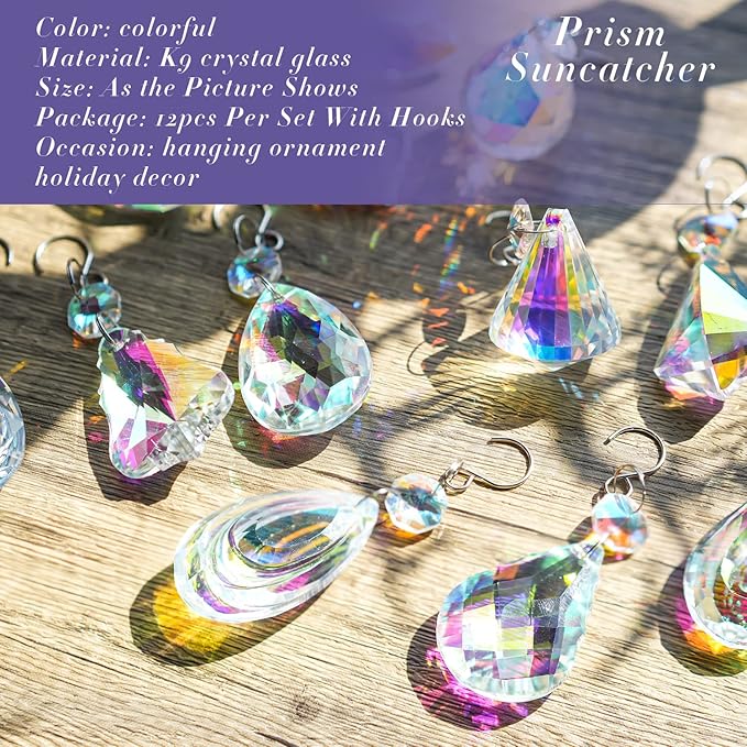 KANPURA Crystal Sun Catcher,12 Pack Hanging Ornament Crystals Prism Rainbow Maker for Home,Office,Garden Decoration(Colorful)