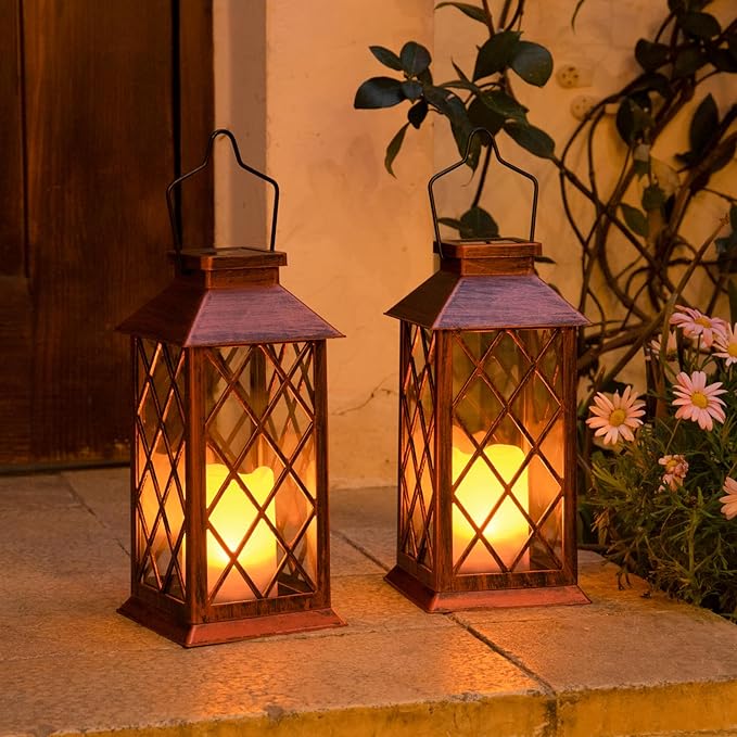 2Pack 11" Outdoor Solar Lanterns Waterproof Garden Gifts Women, Flickering Flameless Candle Mission Lights for Patio, Table ,Outdoor, Party, Yard,Lawn,Mothers' Day Gifts for Mom (Antique Copper)