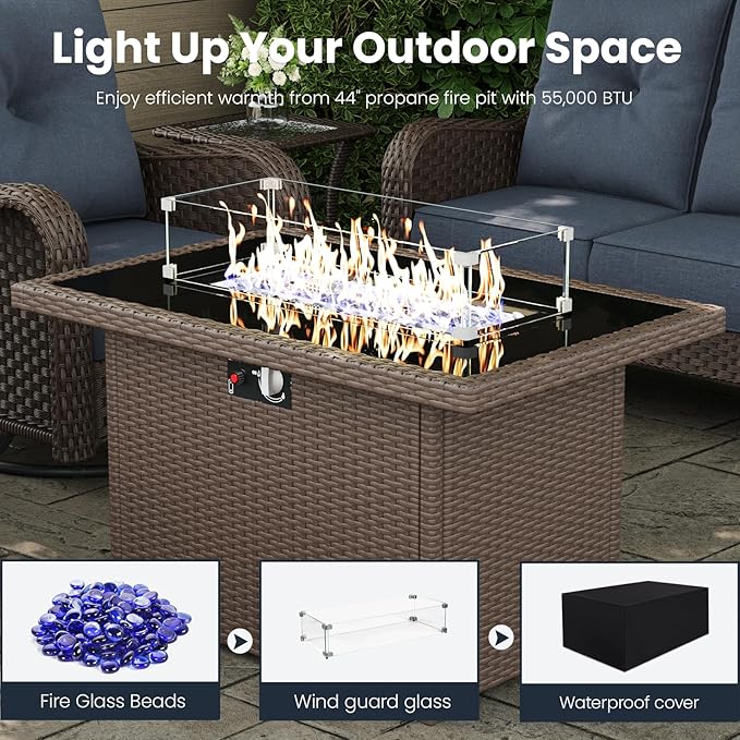 7 Pieces Outdoor Patio Furniture Sets with Single Chairs with 6-inch Thick Cushion and Fire Pit Table for Deck Lawn