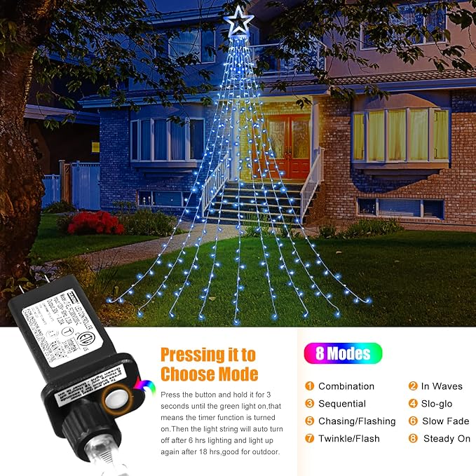 Christmas Decorations Star String Lights, 320 LED Waterfall Tree Lights with 13" Topper Star 8 Lighting Modes Indoor Outdoor Decorative for New Year, Holiday, Wedding, Party