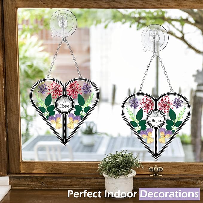 KY&BOSAM Heart Suncatcher Hope Stained Glass Panels for Windows Hangings Wind Chime with Pressed Real Flower Heart Embedded in Glass Friend Gifts- Birthday Gifts for Women Mother`s Day Christmas Decor