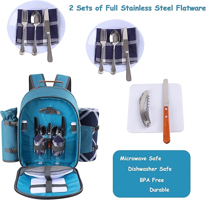 Apollo Walker Picnic Backpack Set for 2 Person with Cooler Compartment, Detachable Bottle/Wine Holder, Fleece Blanket, Plates and Cutlery Set (Teal)