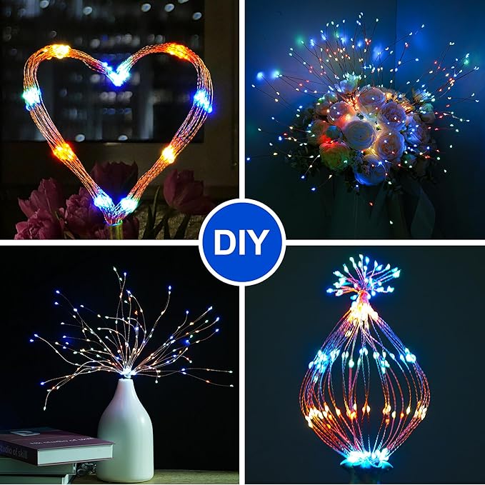 Solar Firework Lights Outdoor, 1000 LED Starburst Light Outdoor with USB Rechargerable, 8 Modes Waterproof Solar Hanging Lights for Gazebo Yard Party Wedding Decorations (Multicolored, 1000 LED)