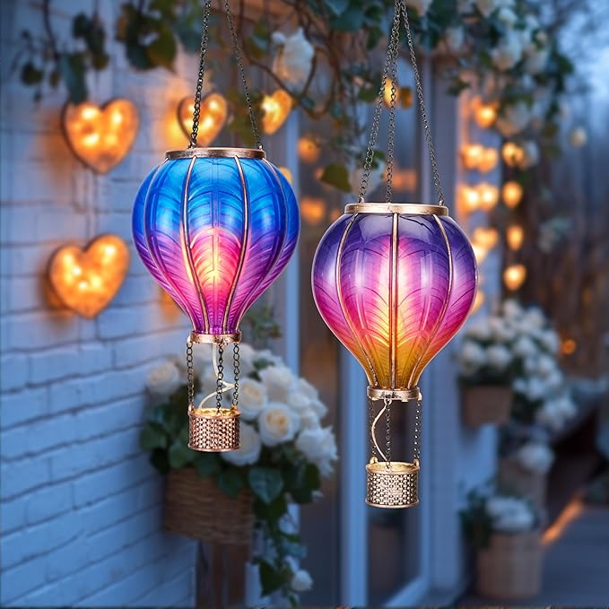 TERESA'S COLLECTIONS 2 Pack Hanging Solar Lantern Outdoor Garden Decor for Valentine ,Waterproof Plastic Hot Air Balloon Purple Flickering Flame Effect Lantern for Yard Tree Gift for Mom,18"