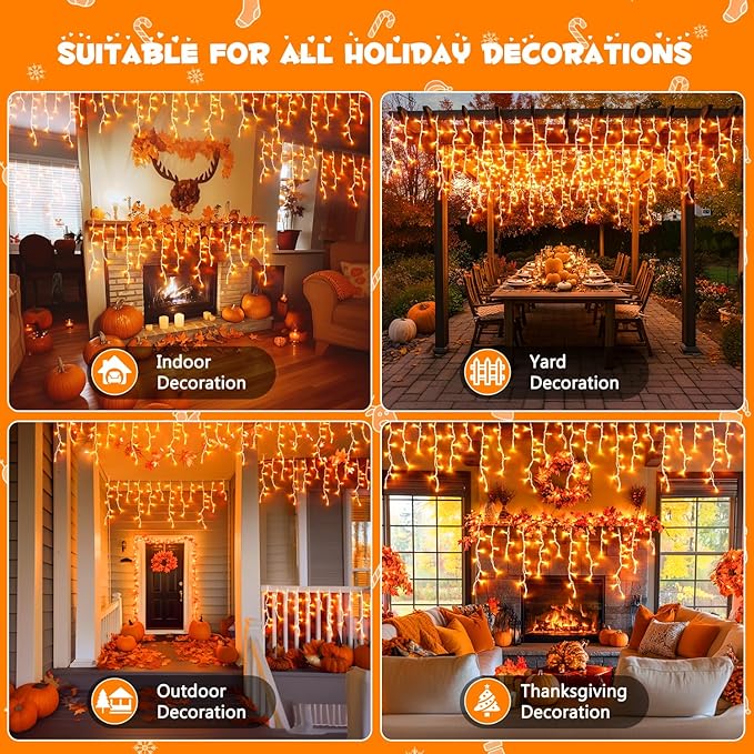 JMEXSUSS 800 LED Thanksgiving Icicle Lights for Outside, Orange Icicle Lights Outdoor with Remote, Thanksgiving String Lights Indoor Plug in for Fireplace Indoor House Roof Thanksgiving Decor