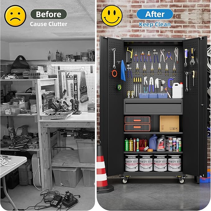 Metal Garage Cabinet with Wheels,71''H Rolling Lockable Steel Tool Cabinet with Pegboard & 1 Drawer for Garage,Home,Office Assembly Required,Black/Red