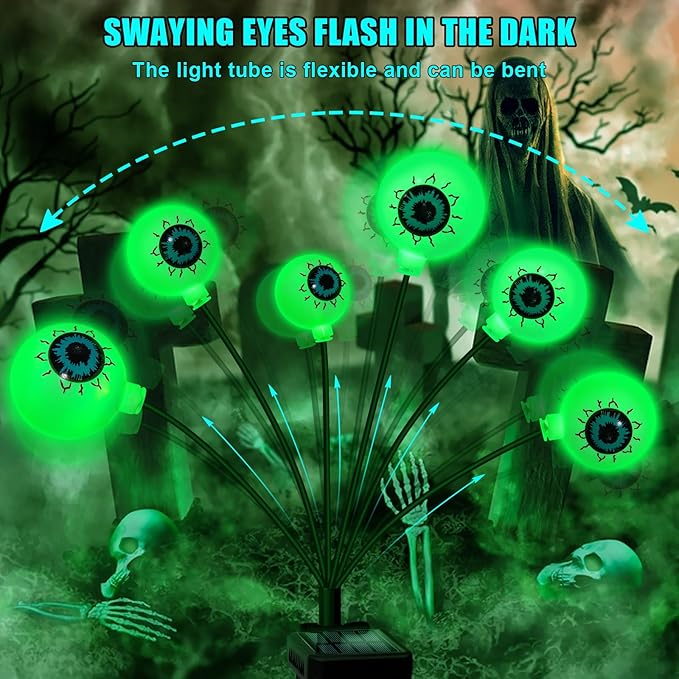 Solar Halloween Decorations, 4 Pack 24 LED Spooky Eyeball Lights, Green Eyeball Swaying Firefly Lights,Waterproof Solar Halloween Path Lights for Yard Garden Lawn Party Decor
