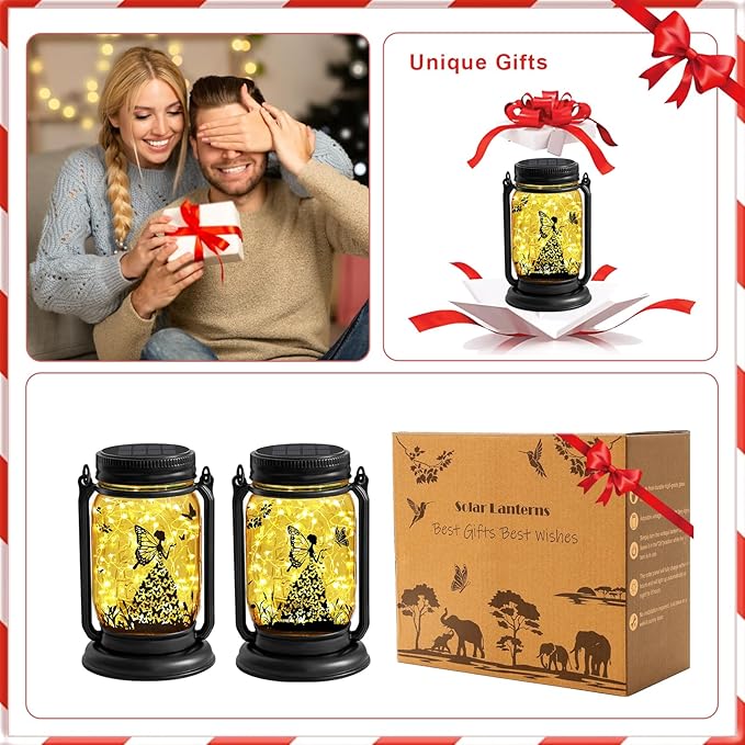 YJFWAL 2 Pack Outdoor Hanging Solar Lanterns, Birthday Mothers Day Gifts for Women Mom Grandma,Fairy Butterfly Vintage Glass Mason Jar, Waterproof Garden Lights for Patio Yard Lawn Tree Party Decor