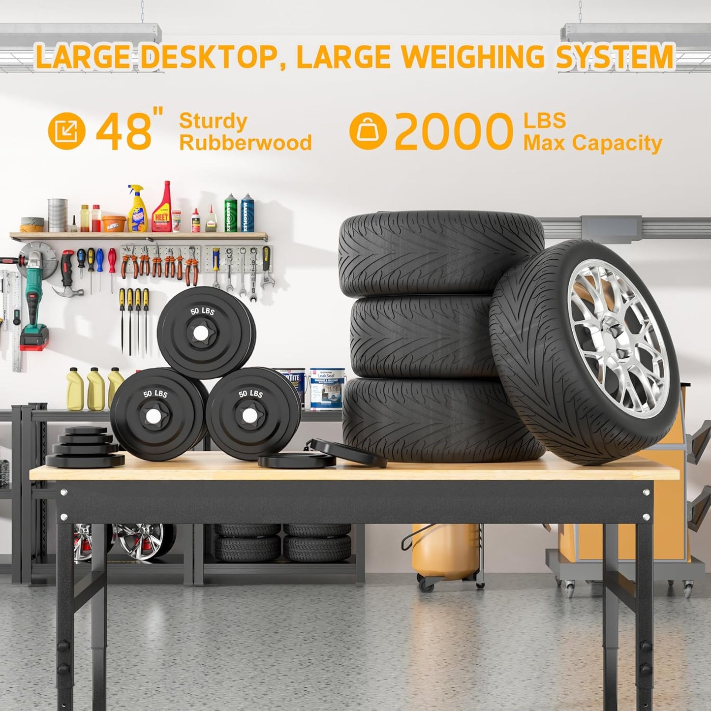 48’’ Work Bench Adjustable Workbench Heavy Duty Work Table with Rubber Pads, 2000 Lbs Capacity Hardwood Work Benches for Garage, Workshop, Office, Home