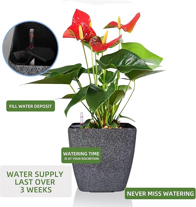 Dexceder 15x14 Self Watering Planter with Wheels Indoor Outdoor, Inner Mat Design, Thickened Large Floor Standing Flower Plant Pot with Water Level Indicator (Stone Matte)