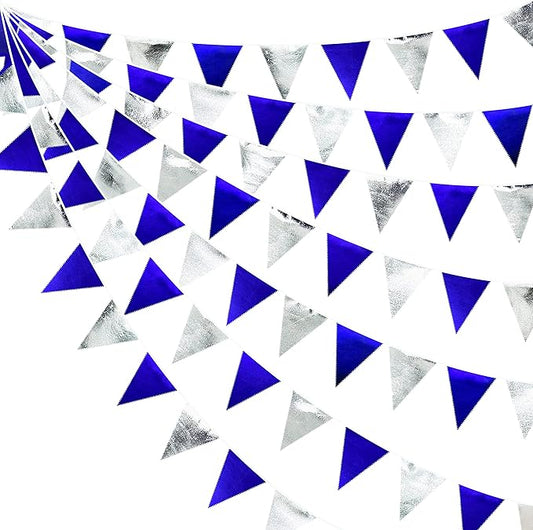 Royal Blue Silver Party Decorations Navy Blue Triangle Pennant Banner Flag Metallic Fabric Bunting Garland for Birthday Graduation Wedding Retirement Nautical Ahoy Achor Pirate Theme Party Supplies