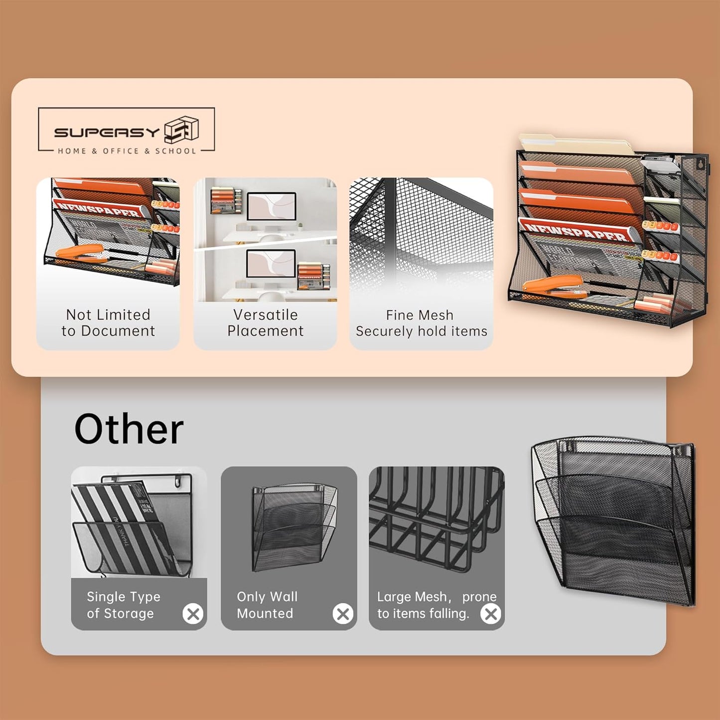 SUPEASY Wall File Organizer, 5-Tier Desk Organizer with 4 Pen Holders, Wall Organizer for Office with R-shaped Bottom Tray, Desk Organizers and Accessories for Office Supplies, Black