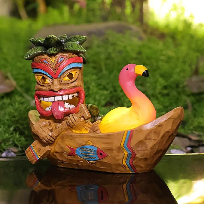 Solar Tiki Statue Outdoor Decor-Tiki Bar Decor -Outdoor Tiki Statue Decoration for Garden,Lawn,Balcony,Yard,Tiki Flamingos Boating Hawaiian Tropical Decor Figurine Gift