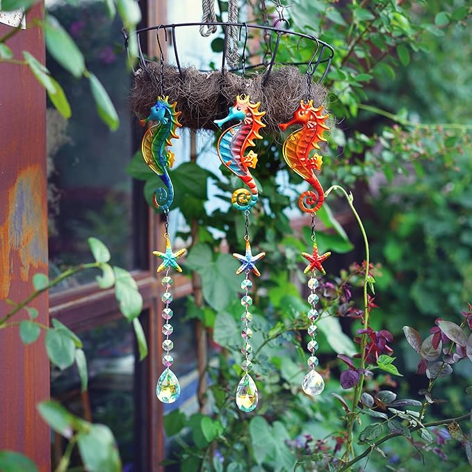 3PCS Metal Seahorse & Starfish Hanging Sun Catchers with Crystals, Colorful Crystal Prisms Stained Glass Suncatcher, Rainbow Maker Pendant Indoor Outdoor Patio Fence Decor