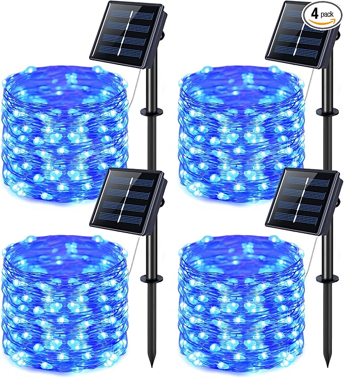 JMEXSUSS 4 Pack 100 LED Solar Fairy Lights, 33ft Blue Solar String Lights Outdoor Waterproof, 8 Modes Copper Wire Solar Twinkle Lights for Patio Garden Yard Tree Christmas Halloween Decor
