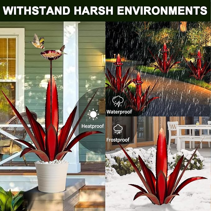 Upgraded Large Metal Yard Art, Metal Agave Plant Yard Decorations Outdoor Sculpture, Metal Flowers for Outside, Waterproof Outdoor Garden Decor (Red + Bird Feeder)