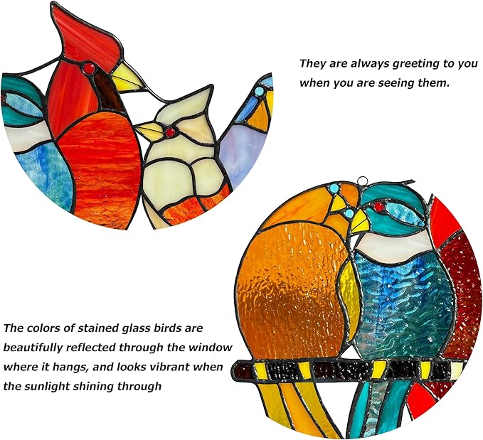 Stained Glass Birds Window Hangings, 9 Multicolor Stained Glass Birds on Branch Suncatcher, Handmade Tiffany Style Glass Birds Lovers Gifts Decor for Mother, Women