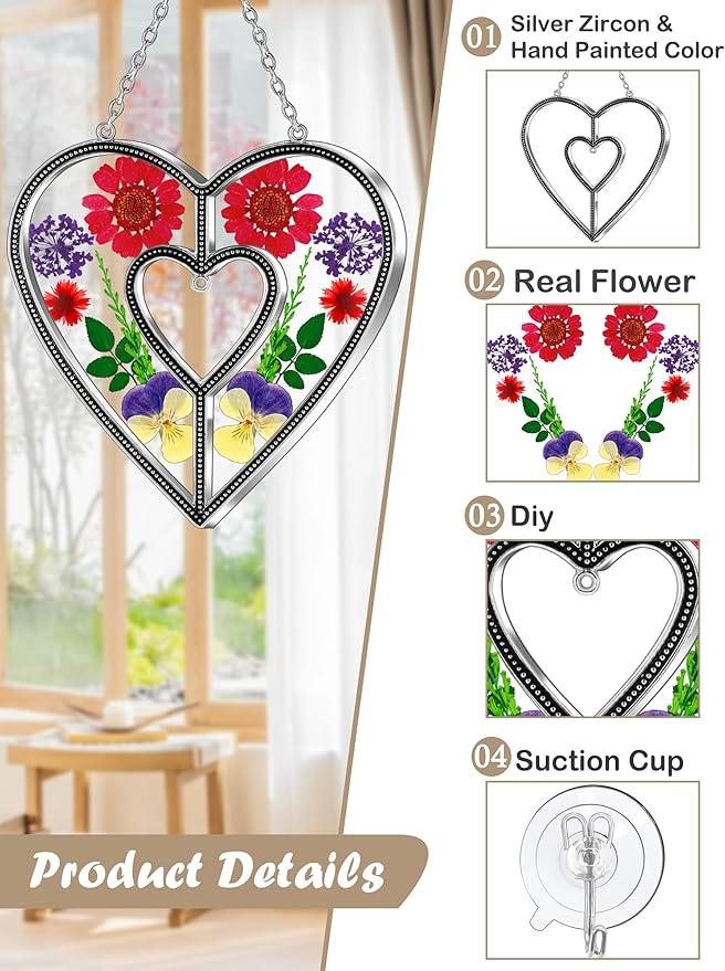 KY&BOSAM Heart Suncatchers DIY Stained Glass Hangings for Windows Wind Chimes Home Gardner Decor with Pressed Real Flowers Heart No Charm Birthday Gifts for Women Mother`s Day Christmas Ornamets