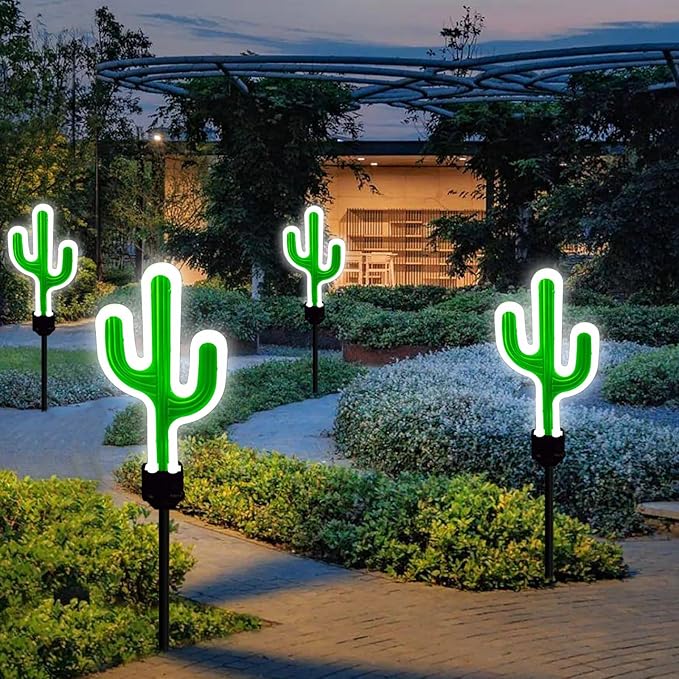 Solar Cactus Neon Lights Outdoor Decor- 2 Pack 41.3 in Gifts for Mom Woman, Garden Stake Decorative LED Lights Waterproof Path Lighting for Christmas Yard Lawn Patio Walkway Driveway Sidewalk Decor