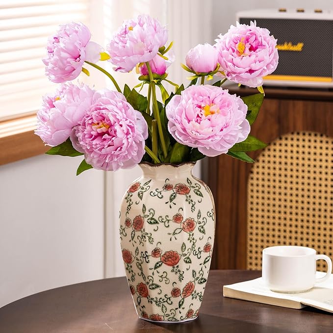 Green&Beige Vintage Octagonal Vase, Red Rose Chinoiserie Floral Vase, Farmhouse Antique Decorative Ceramic Flower Vases for Bouquet, Home Decor, Living Room, Bookshelf, Office, Tuscan Decor 9.1 Inch