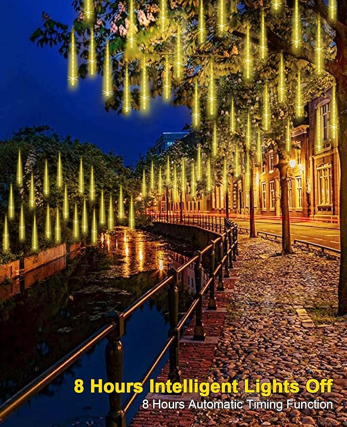 Meteor Shower Rain Lights Solar Christmas Lights Outdoor Falling Rain Drop Lights Snowfall Icicle Cascading String Lights 16 Tubes 16 Inch 576LED for Xmas Tree Wedding Party Holiday Patio Garden Decor