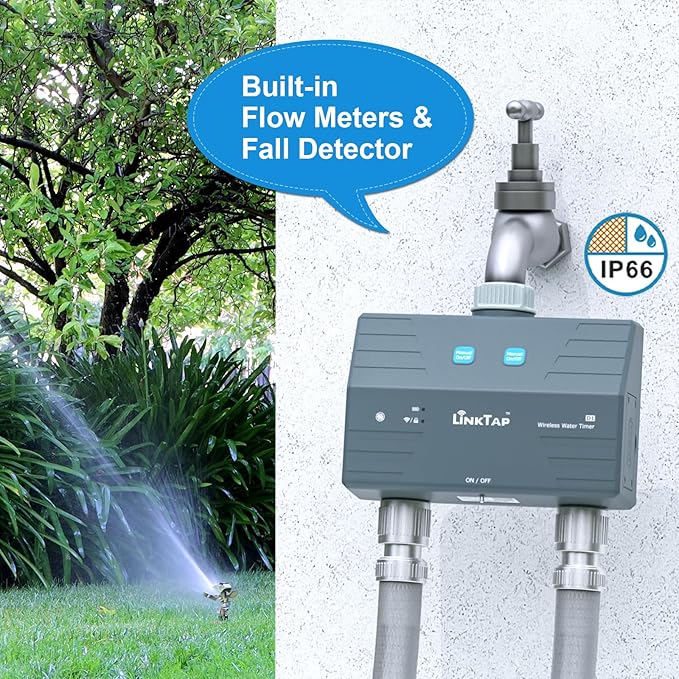LinkTap D1 Wireless Water Timer (Requires Gateway), 2-Outlet Smart Irrigation Hose Faucet Timer, Two Built-in Flow Meters, Long Battery Life, Weather Aware, Better Range Than WiFi, IP66, Alexa