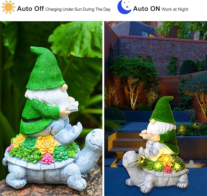 Solar Garden Outdoor Statues Turtle Gnome Outdoor Figurine Lights with Gnome Reading Book Garden Accessories Tortoise Statue Lawn Decor for Patio Balcony Yard Ornament Art Housewarming Gifts
