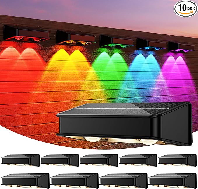 Solar Fence Lights 10 Pack, 9 Color Modes Outdoor Bulb Waterproof Led IP65, Solar Outdoor Lights for Backyard/Railing/Step/Wall/Patio/Yard (Black)