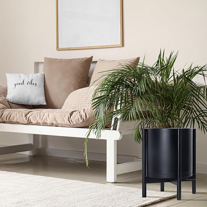 D'vine Dev Planter Pot with Stand - 14 Inch Plastic Cylinder Flower Pot with Wood Planter Holder for Indoor, Matte Black Pot + Ebony Stand, 55-C-T-2