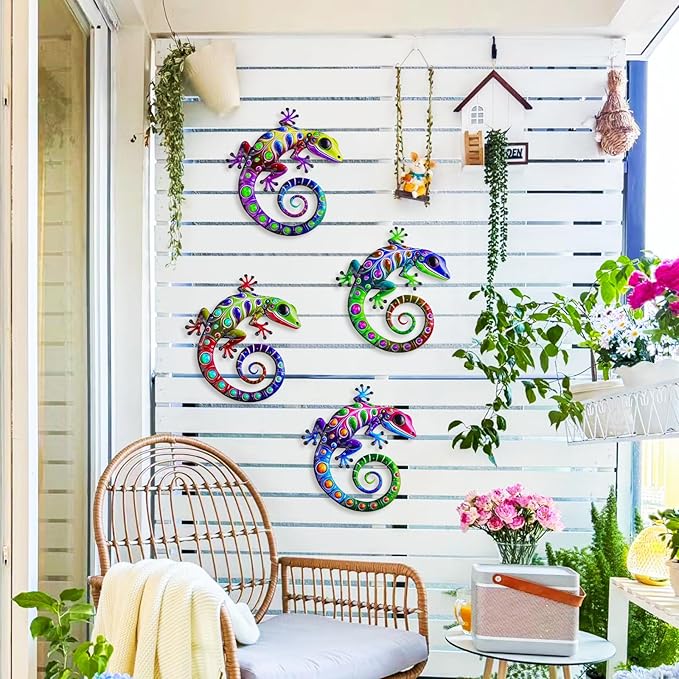 ULENDIS 4 Pack Metal Gecko Wall Decor, 7.8 Inch Lizard Outdoor Wall Art Fence Decorations for Patio and Yard, Colorful Hanging Decoration for Garden Living Room Bedroom Patio Balcony