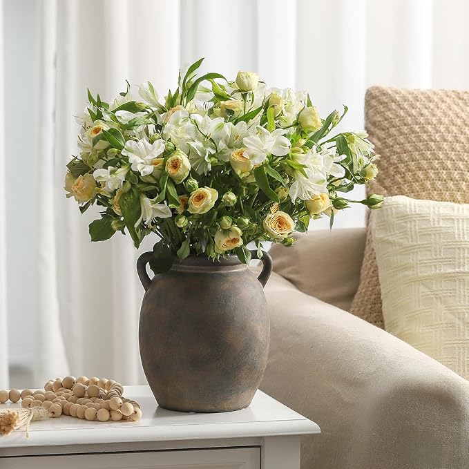 Ceramic Flower Vase 7.6 inch Farmhouse Rustic Vase Decorative Pottery Terracotta Vases for Home Decor Table Mantle Fireplace Living Room Bathroom Wedding Centerpiece (Black)