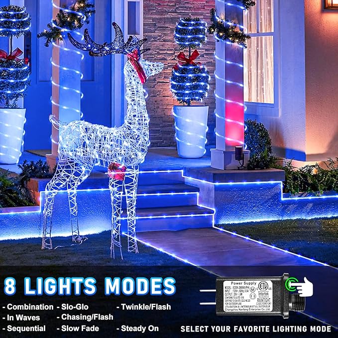Rope Lights for Outside, 100FT 300 LED Christmas String Lights with Waterproof 8 Modes, Flexible and Connectable Plug in Fairy Lights for Outdoor Indoor Bedroom Patio Party Wedding Decorations, Blue
